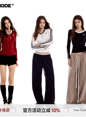 ICH MODE 美式修身V领红色正肩长袖T恤女春秋季新款打底上衣球服