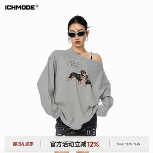 MODE 新款 美式 T恤女春季 宽松一字肩露肩上衣t 腊肠狗斜肩长袖 ICH