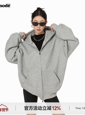 ICH MODE 美式重磅灰色卫衣外套女春季新款宽松连帽拉链开衫上衣