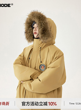 ICHMODE 美式毛领连帽棉服女冬季宽松保暖派克服棉袄工装加厚外套