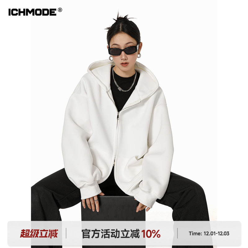 ICH MODE美式复古白色卫衣外套女秋宽松连帽开衫上衣套oversize