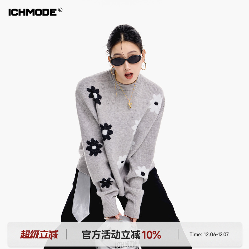 美式花卉圆领毛衣女毛针织衫