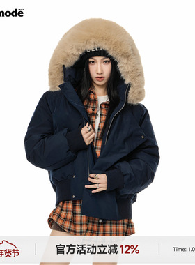 ICH MODE 美式连帽毛领短款棉衣棉服女冬季2025新款保暖加厚外套