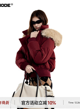 ICHMODE 美式毛领连帽短款棉服女冬季保暖棉衣夹棉棉袄红色厚外套