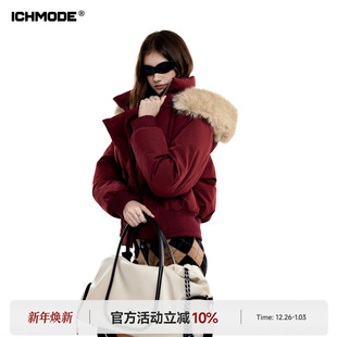 ICHMODE 美式毛领连帽短款棉服女冬季保暖棉衣夹棉棉袄红色厚外套
