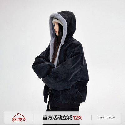 美式复古毛领连帽棉服女冬棉衣