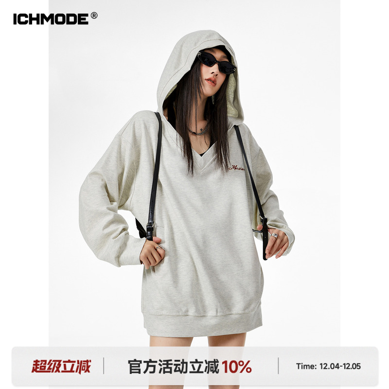 连帽V领宽松中长款休闲卫衣女