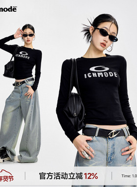 ICH MODE 美式正肩长袖T恤女春季新款修身一字肩圆领上衣打底衫