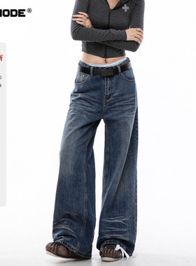 ICH MODE 美式复古水洗蓝牛仔裤女春季宽松直筒裤百搭休闲阔腿裤