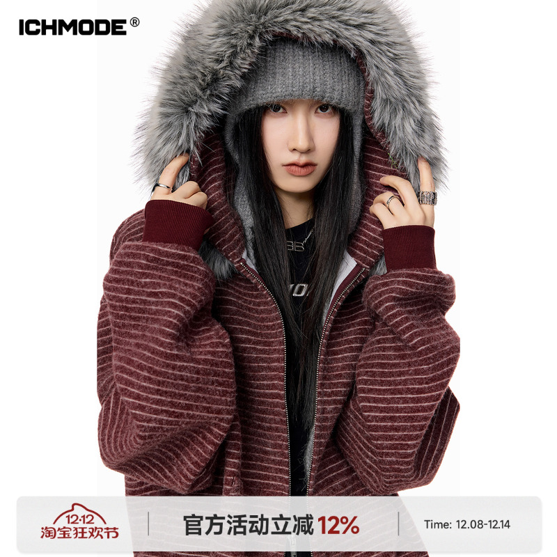 美式条纹毛领外套连帽开衫卫衣