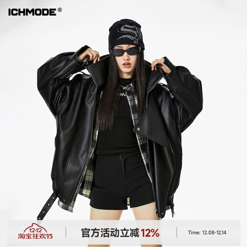 ICH MODE 美式复古黑色立领皮衣外套女春秋季工装皮夹克宽松上衣