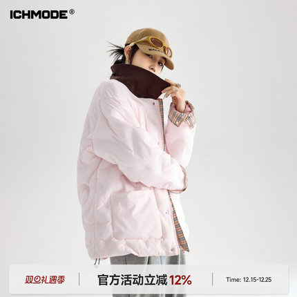ICH MODE 美式复古撞色翻领棉服女冬季夹棉外套轻薄棉衣棉袄新款