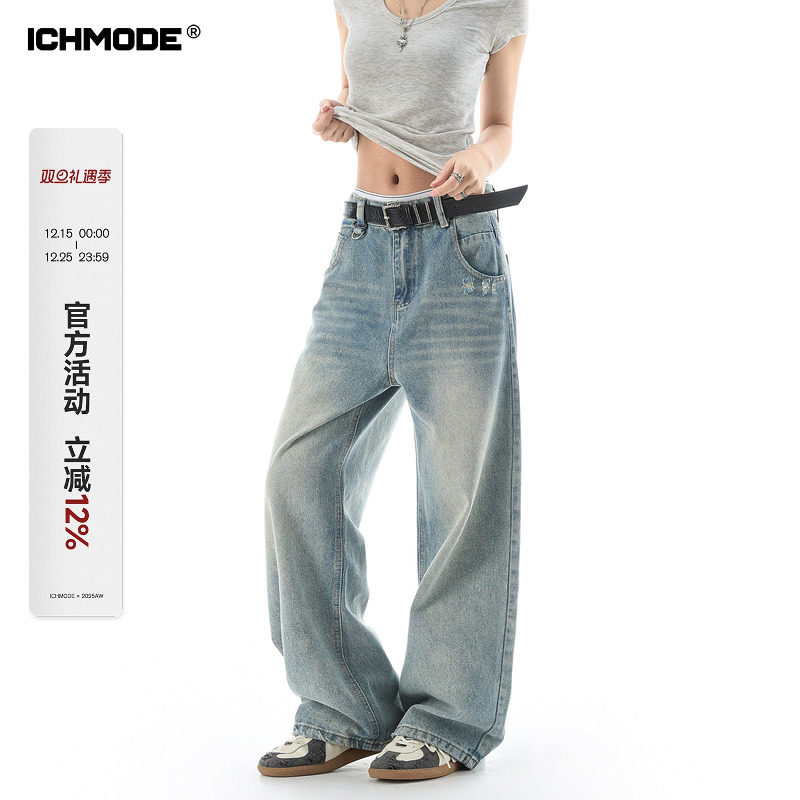 美式复古做旧百搭直筒牛仔裤女