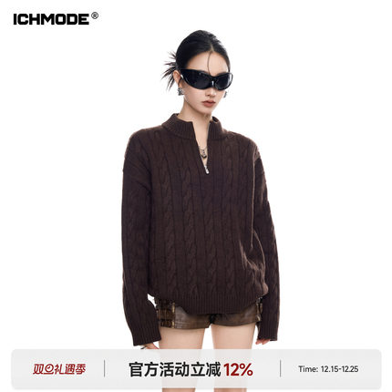 ICH MODE 美式老钱风半拉链套头毛衣女春秋季polo衫毛针织衫上衣