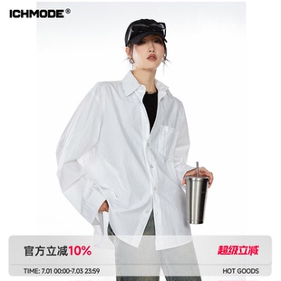 MODE 新款 美式 女夏季 寬松流行襯衣外套上衣慵懶風 復古白襯衫 ICH