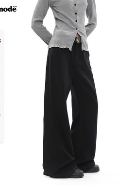 ICHMODE 美式微喇休闲裤女慵懒风直筒修身阔腿裤加厚加绒黑色裤子