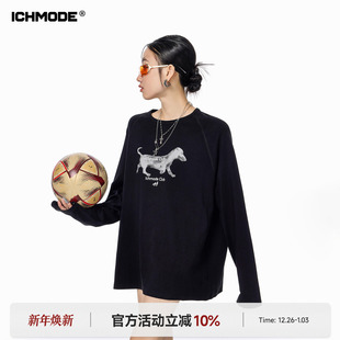 T恤女春季 ICH 腊肠狗印花长袖 美式 复古宽松休闲简约百搭上衣 MODE