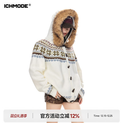 ICH MODE 美式复古费尔岛毛领连帽针织开衫女春秋季慵懒毛衣外套