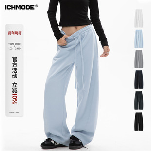 加厚加绒裤 直筒阔腿蓝色休闲裤 子女春秋季 卫裤 宽松运动裤 ICHMODE