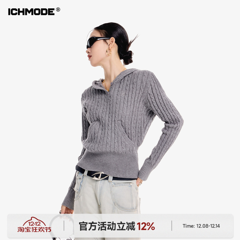 美式修身连帽针织毛衣女上衣