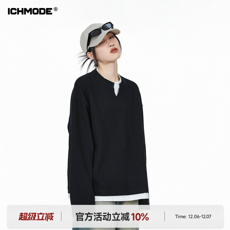 ICH MODE 美式复古假两件华夫格卫衣女秋冬宽松长袖休闲上衣外套