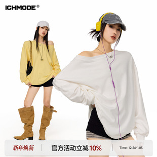 MODE 宽松休闲一字肩长袖 美式 新款 露肩上衣 斜肩T恤女2026春季 ICH