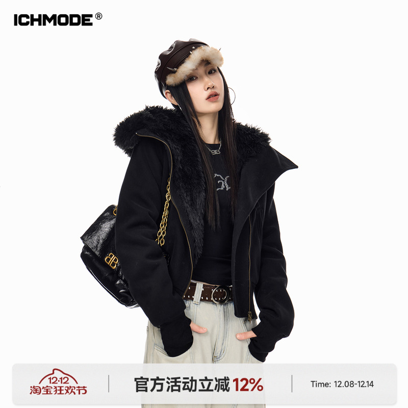 ICH MODE 美式毛绒内胆毛领棉服外套女冬季2025新款短款修身棉衣