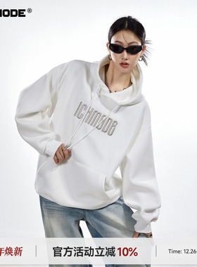 ICH MODE 美式复古连帽白色卫衣女新款春季宽松外套上衣oversize