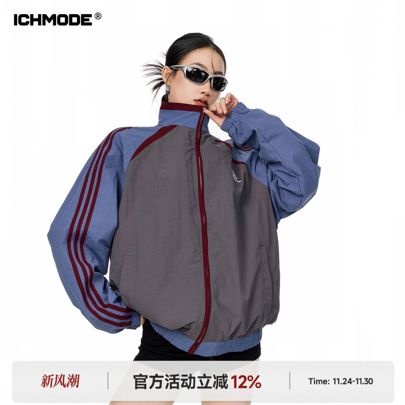ICH MODE 美式复古条纹立领外套女秋冬百搭运动夹克宽松休闲上衣