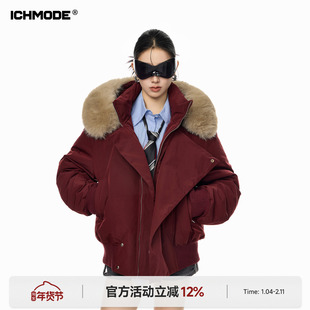 ICH MODE 美式毛领连帽红色棉服女2025新款冬季短款棉袄加厚外套