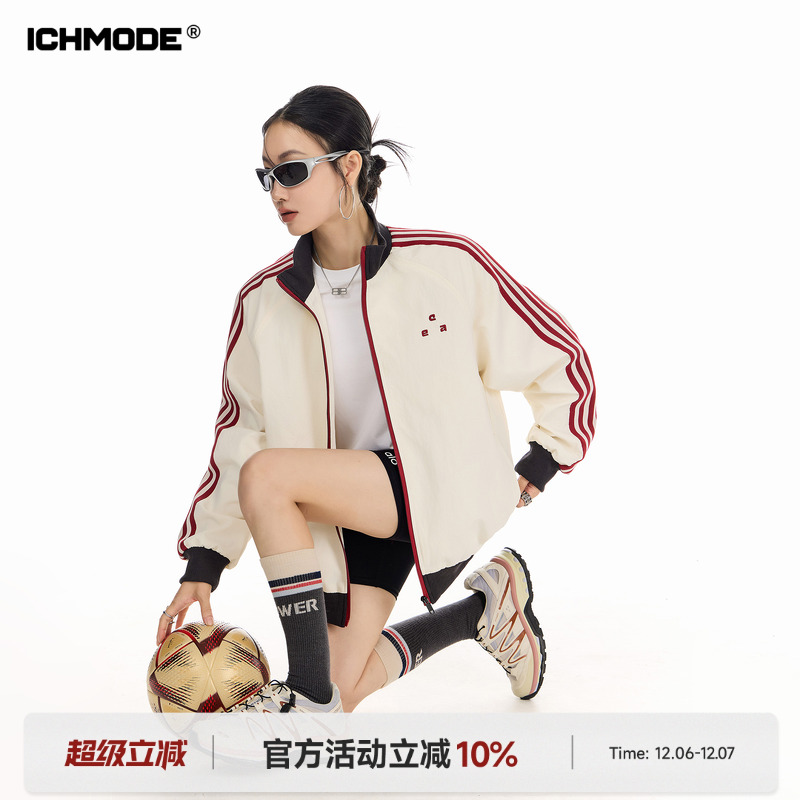 ICH MODE 美式撞色条纹立领外套女秋冬季新款插肩袖运动开衫上衣