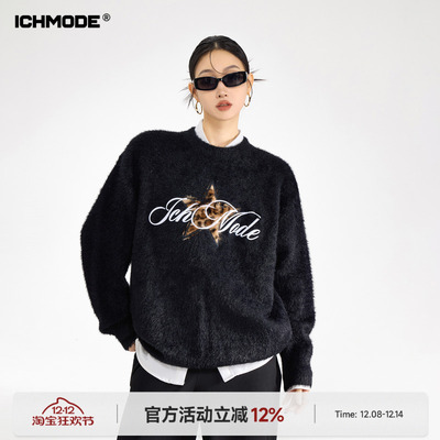 ICH MODE 美式马海毛豹纹刺绣毛衣女冬季新款圆领针织衫毛衫外套