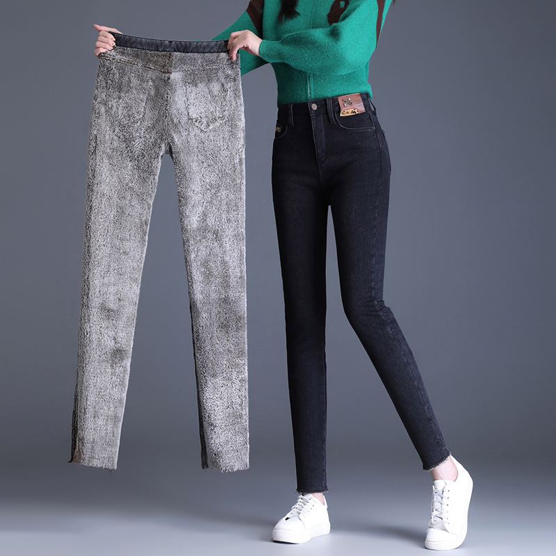 秋冬羊羔绒高腰牛仔裤弹力修身显瘦加厚加绒保暖铅笔小脚裤子毛边