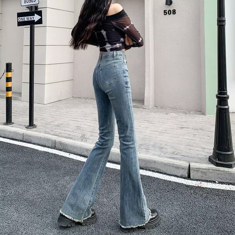春夏微喇叭毛边裤女高腰显瘦阔腿美式辣妹毛边马蹄裤秋季长裤