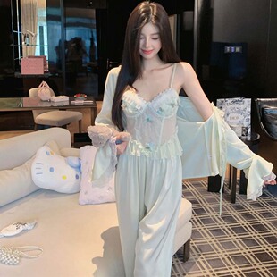 2026新款冰丝长袖睡衣女春夏季四件套纯欲短裤性感吊带胸垫家居服