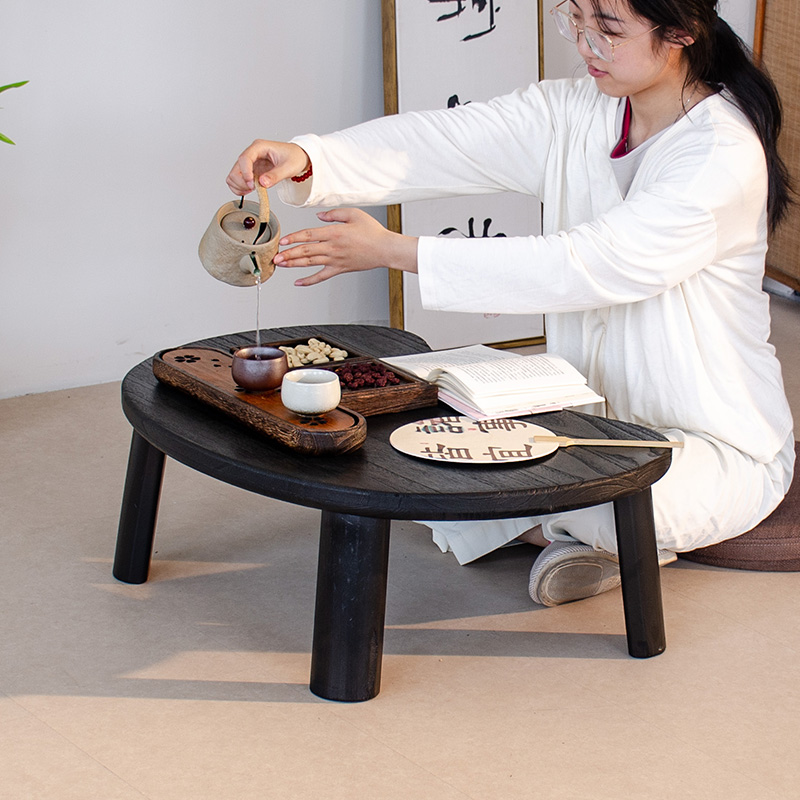 实木侘寂风黑色设计感榻榻米矮桌