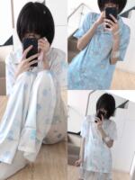 Yameko original water-colored cat pajamas, subculture fishbone cat head ice silk short-sleeved shirt, long pants, set shirt, cute and homebody thumbnail 4