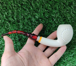 土耳其REIS天然原块海泡石手工大师烟斗精雕刻银圈弯斗原石块包邮