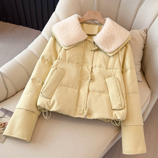 黄色韩式高级感翻领羽绒服女2025年冬季新款仿羊羔毛设计短款上衣