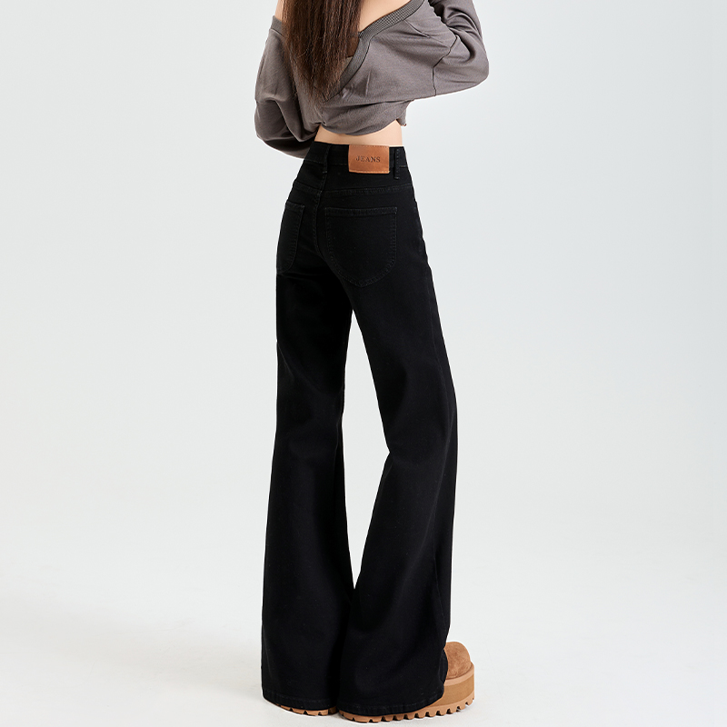 黑色低腰微喇牛仔裤女秋冬加绒宽松阔腿显瘦不贴腿垂感马蹄喇叭裤