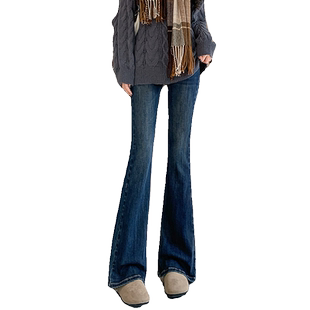 蓝色高腰弹力微喇牛仔裤女2025年春秋新款修身小个子加绒喇叭裤子