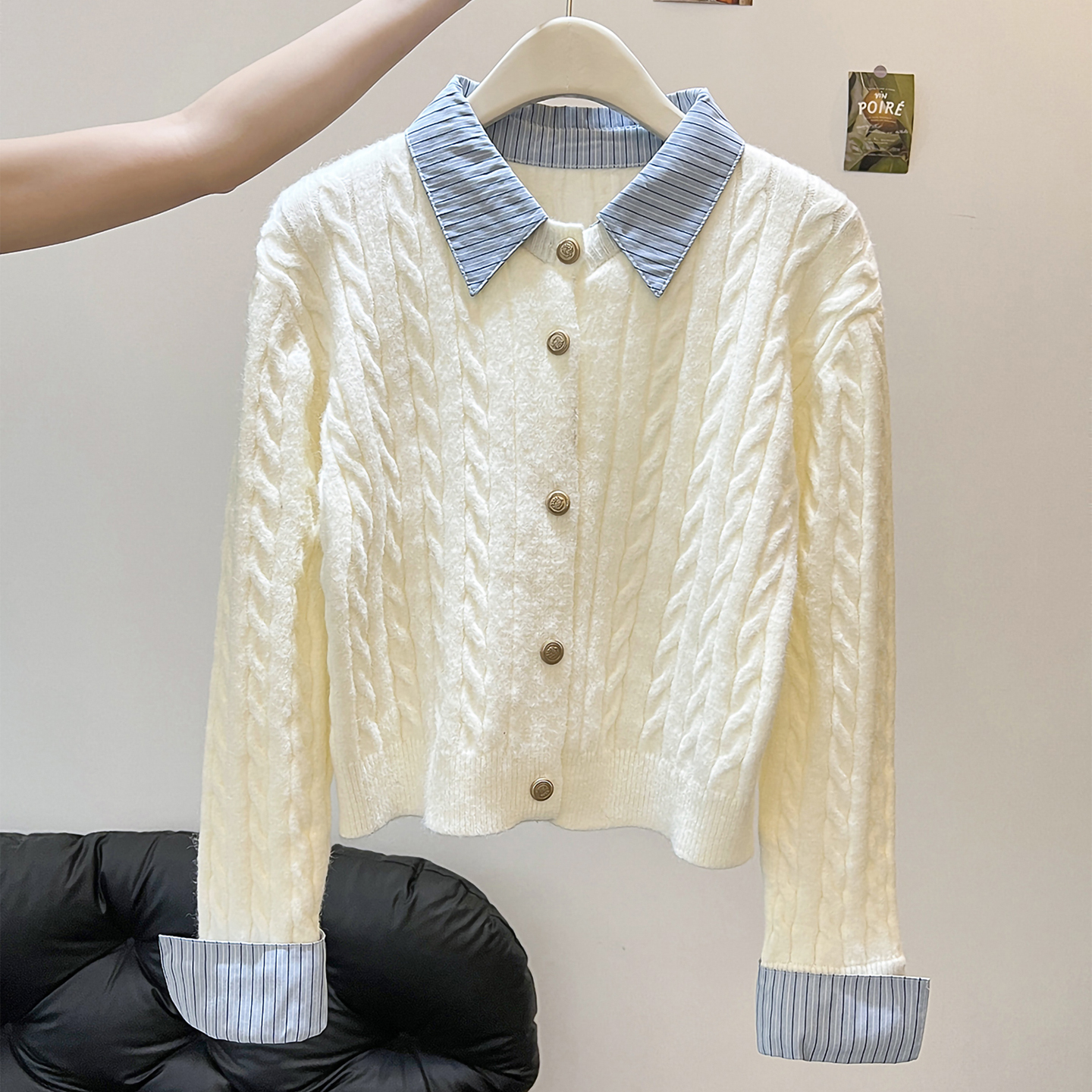 软糯杏色假两件polo针织开衫女