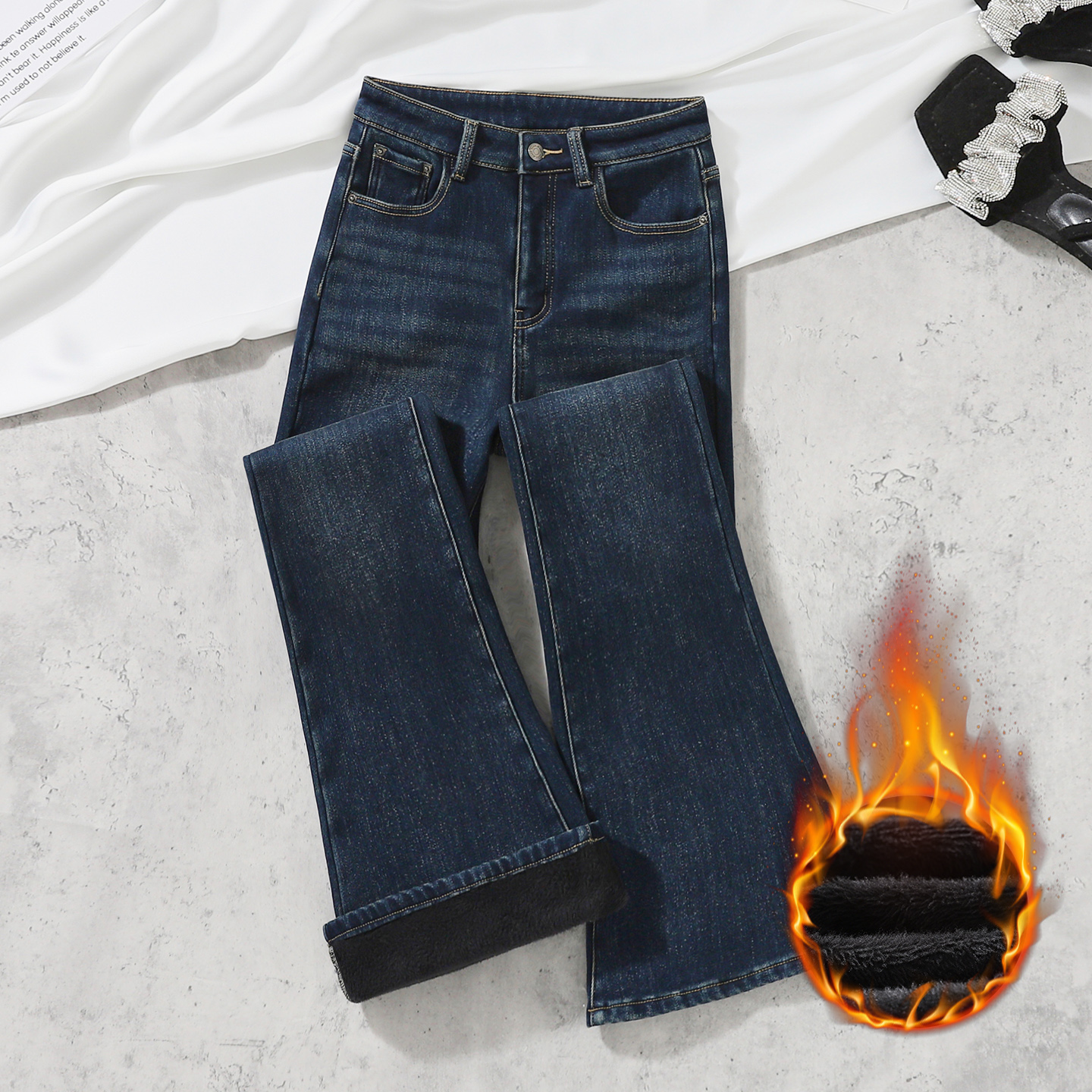 复古蓝色加绒牛仔喇叭裤女