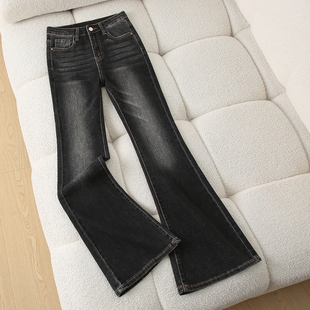 美式复古微喇牛仔裤女春秋季双扣高腰修身显瘦弹力小个子喇叭长裤