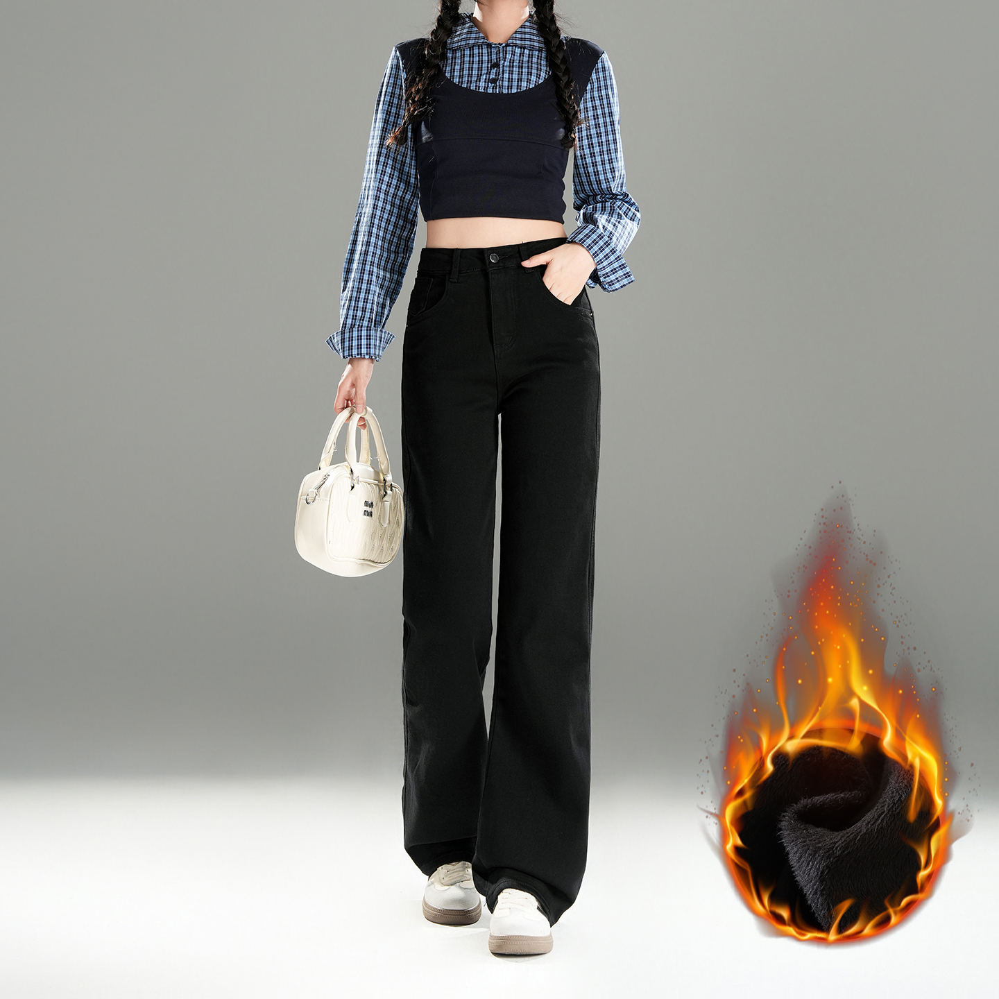 黑色加绒窄版直筒牛仔裤女2025秋季新款高腰宽松显瘦垂感阔腿裤子