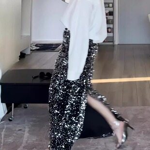 Jillusion｜星空银河丝绒亮片半裙后开衩设计聚会搭配年会神裙