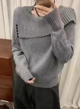 2025秋冬女装新款长袖方领挂脖宽松全羊毛针织时尚毛衣上衣潮