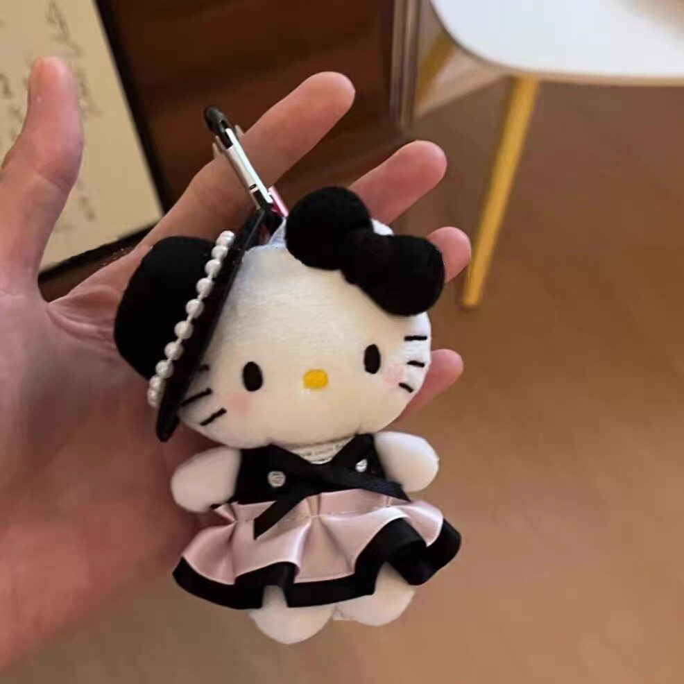 日本名媛珍珠kitty黑粉背包挂件可爱毛绒公仔玩偶钥匙扣书包挂饰