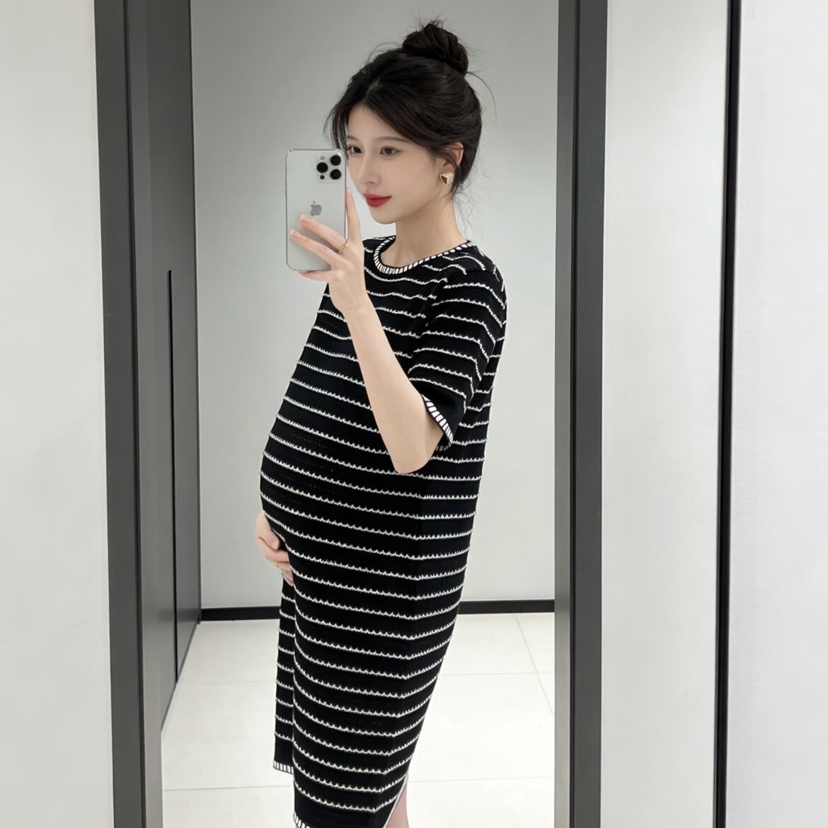 HAIDE妈咪孕妇装夏小香风休闲温柔简约宽松薄款条纹短袖针织裙女图片