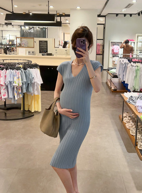HAIDE妈咪孕妇装法式v领高级感短袖修身显瘦中长款女士针织连衣裙